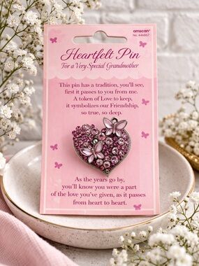 NEW Amscan Grandmother Pink Heartfelt Pin with Butterfly Accents and Rhinestones